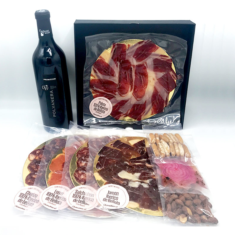 Cadeaubox Geschenkpakket Rode wijn Pata Negra Iberico de Bellota CHorizo Jamon Paleta Salchichon Lomo